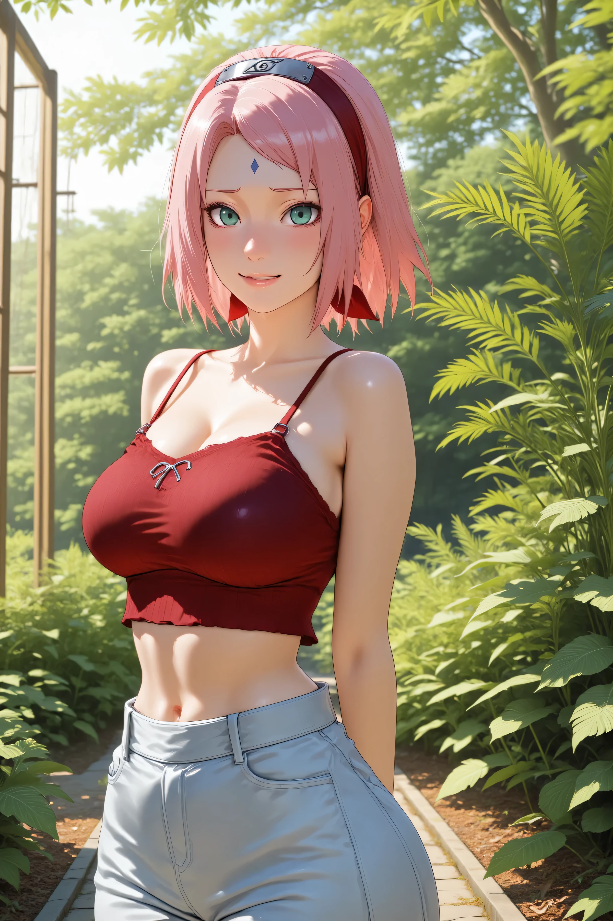 tmasterpiece, Best quality at best, 1girll, Sakura Haruno, Large breasts,No attire,(cleavage),(upperbody closeup),Raised sexy,is shy,ssmile,with pink hair, long whitr hair, (Green eyeballs:1.4), Forehead protection, the cherry trees,Cherry blossoms flying,No clothes,Zipper half. Nude breasts. Transparent clothing. Nude 4k. Nude sexy body. Beautiful pose