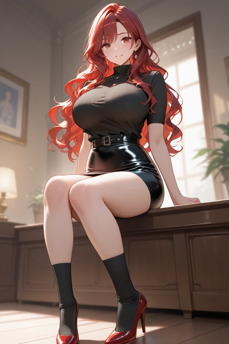 (masterpiece, best quality, 4k, photorealistic, cinematic, ultra-detailed), wide shot, full body, perfect anatomy, curvaceous body, long round legs, 1 girl, red hair, sitting in an office chair, crossing her legs, lavender sleeveless blouse, powder blue pleated mini skirt, silver wedge heels, loose curls or a romantic bun, teardrop earrings, licking her lips, sweating, moaning with ecstasy, open mouth, blushing, nipples visible through fabric