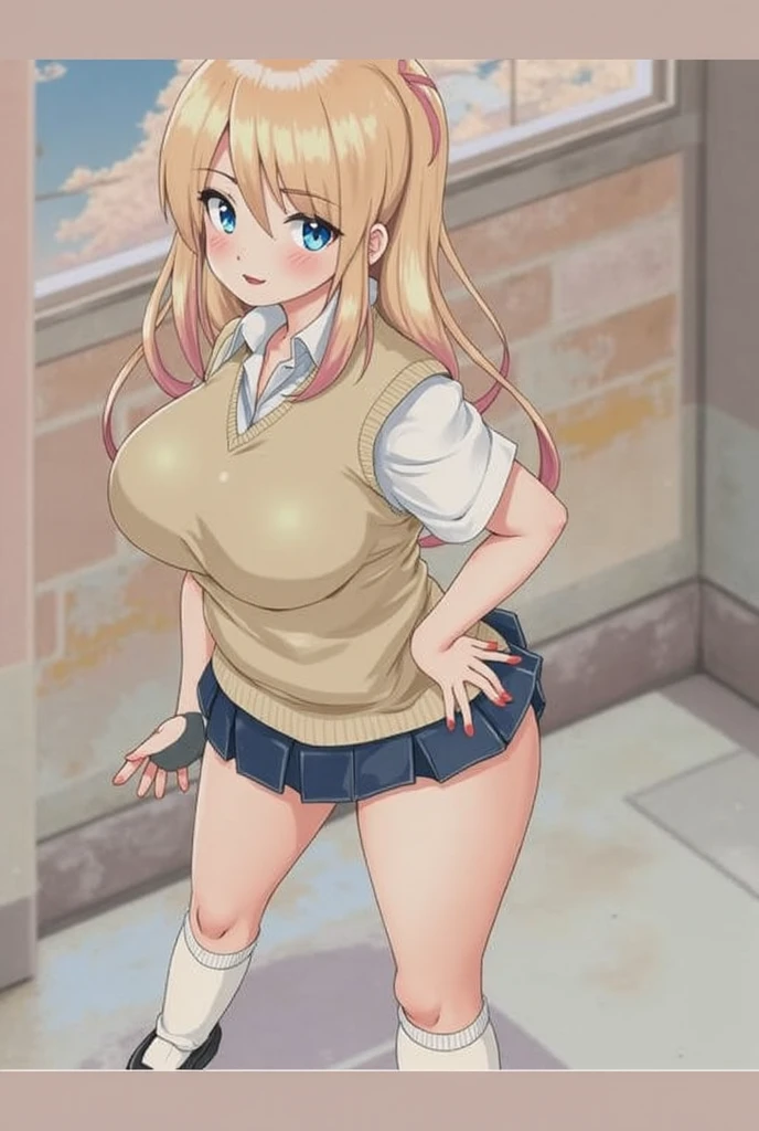 score_9, score_8_up, score_7_up, BREAK, score_9, smile, Lucy Heartfilia, x784 outfit, underwear, blonde hair, brown eyes, long hair, one side up, ribbon, hair ribbon, blue ribbon, skirt, shirt, bare shoulders, sleeveless, blue skirt, sleeveless shirt, white shirt, 1girl, solo, looking at viewer, thigh-level shot, ass, from behind, city, village