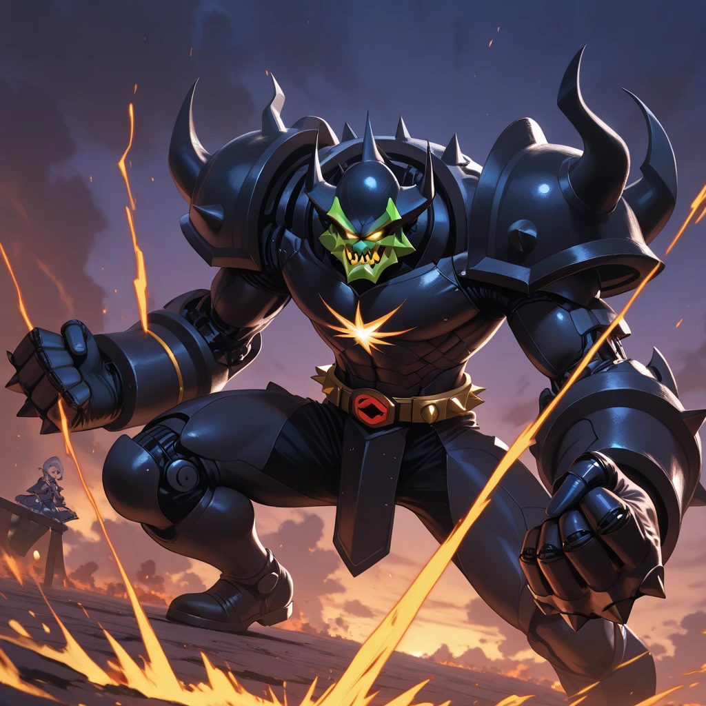 Huge muscles,Devilish wings,Devilish horns,Clear liquid dripping from penis,black costume,Huge erect penis,Ready your weapon,Wearing an evil aura,Black light,Chanoir's face,Defeat the Demon,Insert a big stick into your ass,Clear liquid dripping all over the body