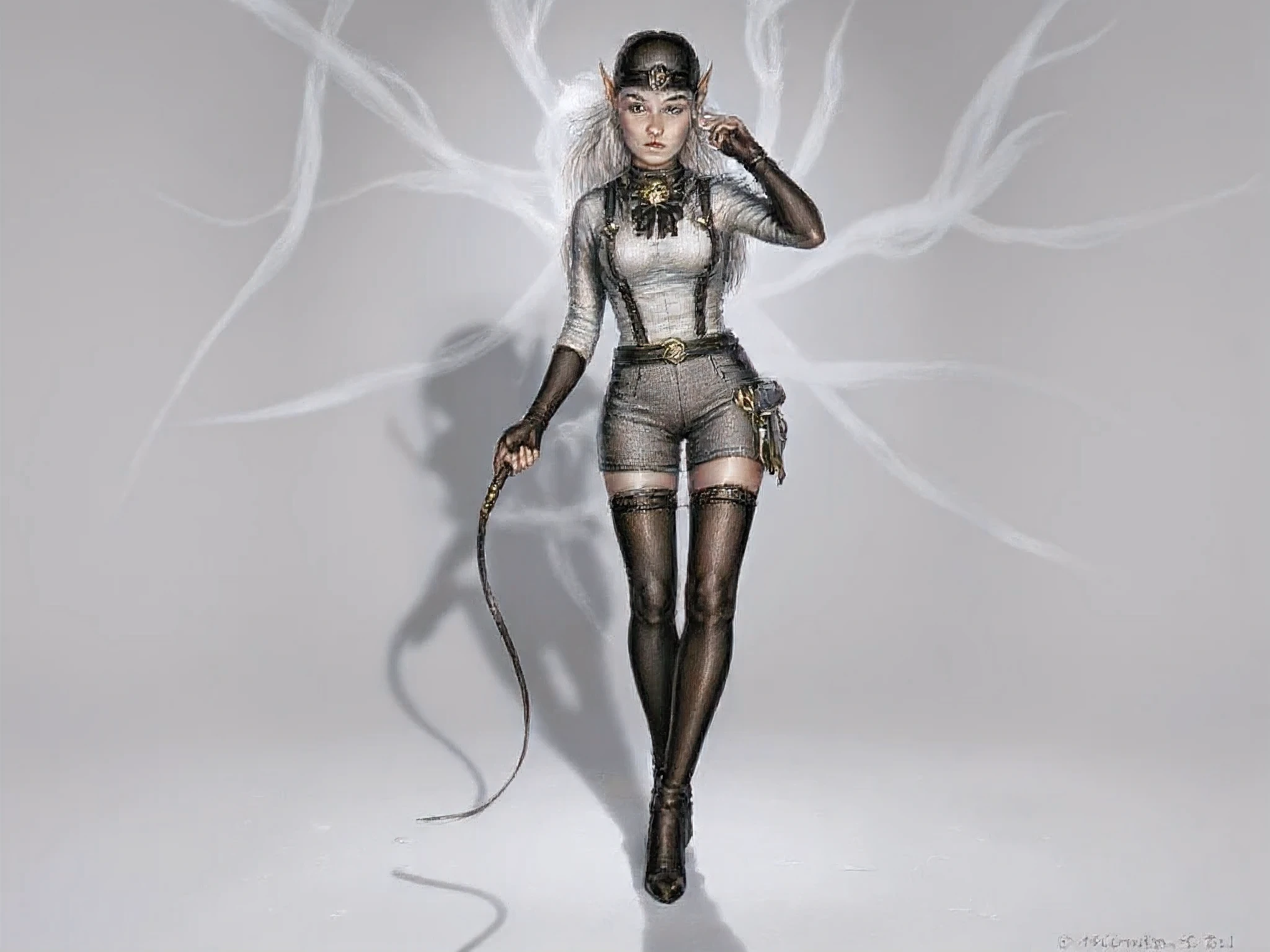 gesture_line composition, dynamic silhouette, structural_form, 3-point_perspective, rule_of_thirds, chiaroscuro_lighting, anatomical_study, construction_lines_visible, contrast_shape, light_shadow_definition, minimal color, graphite_sketch_style
elf oracle, dynamic 3/4 stance, one foot forward, whip raised mid-air, head turned engaging viewer, shoulder twist, cosmic runes swirling, dramatic lighting
full_body_illustration, elf_oracle, dramatic_pose, intense_expression, pale_silver_skin, shining_golden_eyes, white_hair_black_strand, structured_tailored_jacket, high_collar, gold_buttons, lace_cuffs, black_white_bow_tie, gray_tweed_short, suspender_straps, utility_fasteners, black_lace_thigh_highs, garter_bows, gothic_arabesque_pattern, black_leather_gloves, matte_black_hat, skull_emblem_ruby_eyes, coiled_whip, left_hand_neck_touch, cosmic_aura, floating_runes, chiaroscuro_lighting, ultra_realistic_textures, leather_cotton_metal, masterpiece, (ultra_quality:1.3), (highly_detailed:1.2), (8K_resolution:1.5)