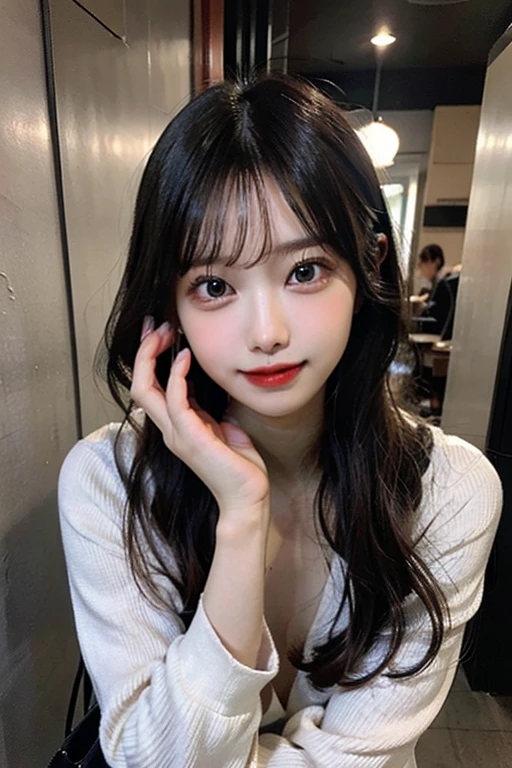 Inside the nightclub, (RAW photo: 1.2), of the highest quality, Beautiful detailed girl, Bunny ears, Smile, Highly detailed eyes and face, Beautiful detailed eyes, hugefilesize, high resolution, high resolution, 8K wallpaper, finedetail, Highly detailed ticker uniform 8K wallpaper, light in face, Movie lighting, 25-year-old girl, Sexy pose, (Photorealism: 1.4), illustration, surrealism, From below, Super detail, masutepiece, Playboy bunny costume, fishnets pantyhose, on the floor on all fours