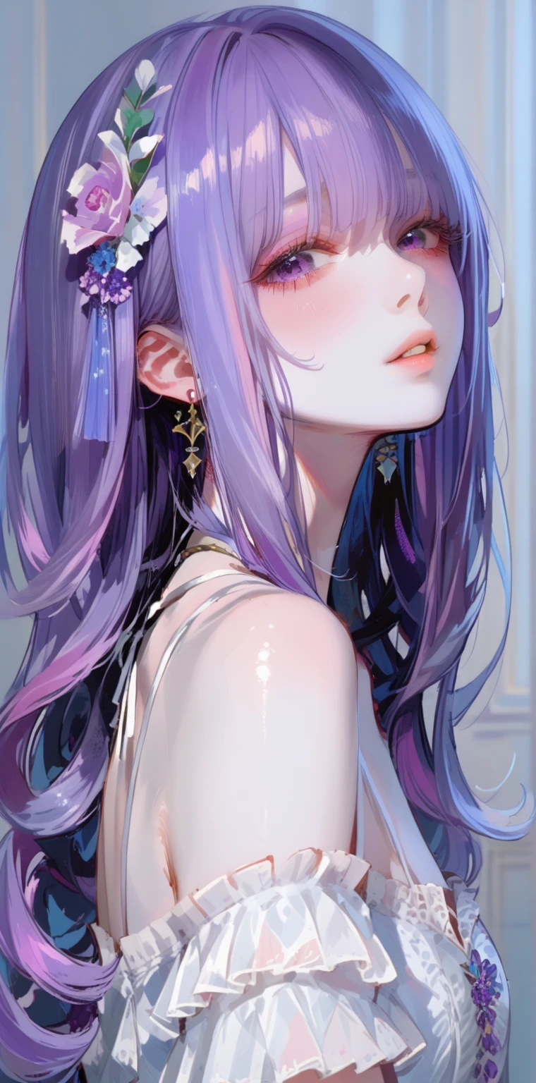 1girl, beautiful face, purple hair, long hair, lilac flower, blurry, hands pulling hair, dark background
