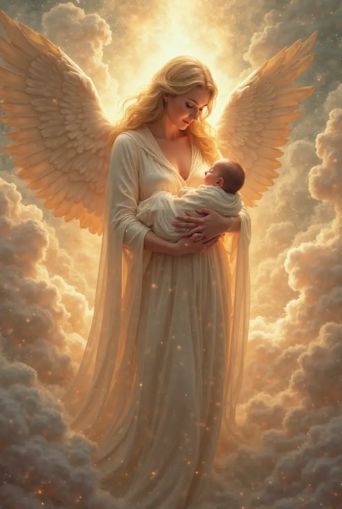 God pulling a newborn baby to heaven to be an angel