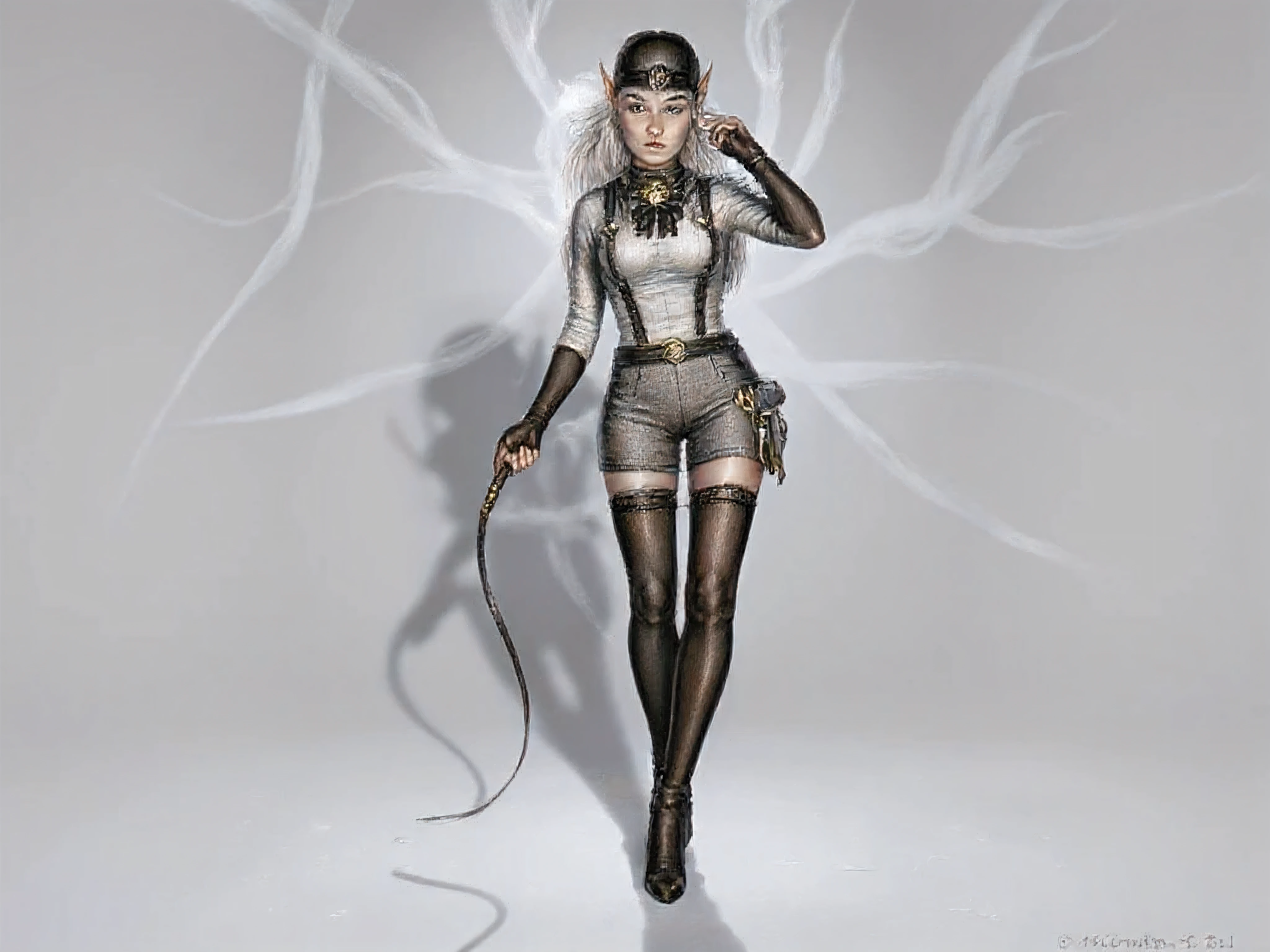 gesture_line composition, dynamic silhouette, structural_form, 3-point_perspective, rule_of_thirds, chiaroscuro_lighting, anatomical_study, construction_lines_visible, contrast_shape, light_shadow_definition, minimal color, graphite_sketch_style
elf oracle, dynamic 3/4 stance, one foot forward, whip raised mid-air, head turned engaging viewer, shoulder twist, cosmic runes swirling, dramatic lighting
full_body_illustration, elf_oracle, dramatic_pose, intense_expression, pale_silver_skin, shining_golden_eyes, white_hair_black_strand, structured_tailored_jacket, high_collar, gold_buttons, lace_cuffs, black_white_bow_tie, gray_tweed_short, suspender_straps, utility_fasteners, black_lace_thigh_highs, garter_bows, gothic_arabesque_pattern, black_leather_gloves, matte_black_hat, skull_emblem_ruby_eyes, coiled_whip, left_hand_neck_touch, cosmic_aura, floating_runes, chiaroscuro_lighting, ultra_realistic_textures, leather_cotton_metal, masterpiece, (ultra_quality:1.3), (highly_detailed:1.2), (8K_resolution:1.5)

