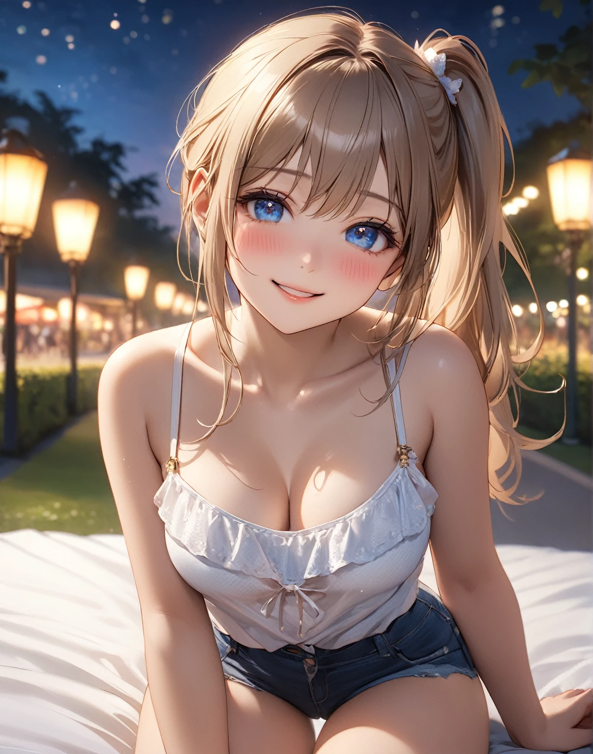 8K picture quality、top-quality、masutepiece、An ultra-high picture quality、ultra-detailliert、Ultra-realistic hair quality、Vibrant colors、Beautuful Women、Beautiful long hair、Shiny hair、detailed hairs、composed々Light hair color、poneyTail、Blue eyes、One small mole around the eye、shinny skin、Lace underwear、Very gigantic-breasts、Sweat on the forehead and cheeks、extremely big ass、Fluffy off-shoulder yukata、A smile、soft pink lips、Ultra-realistic flesh feeling、Red cheeks、summer festival in background
