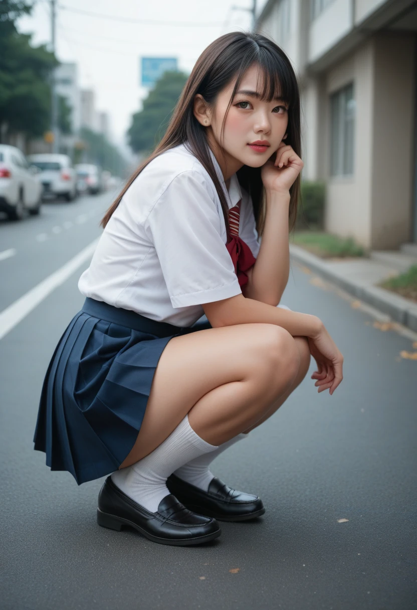 elegant, masterpiece, complicated, Realistic, highest quality, Absurd, detailed high face detail, Perfect Eyes, figure, detailed, Cute Bad Girl, The legs are off the frame, mini skirt, serafuku, Knee-high, loafers, squat, Hair blowing in the wind, Smooth Hair, Beautiful Hair, detailed hair, Messy Hair, short hair,Skirt Lift、Spread your legs