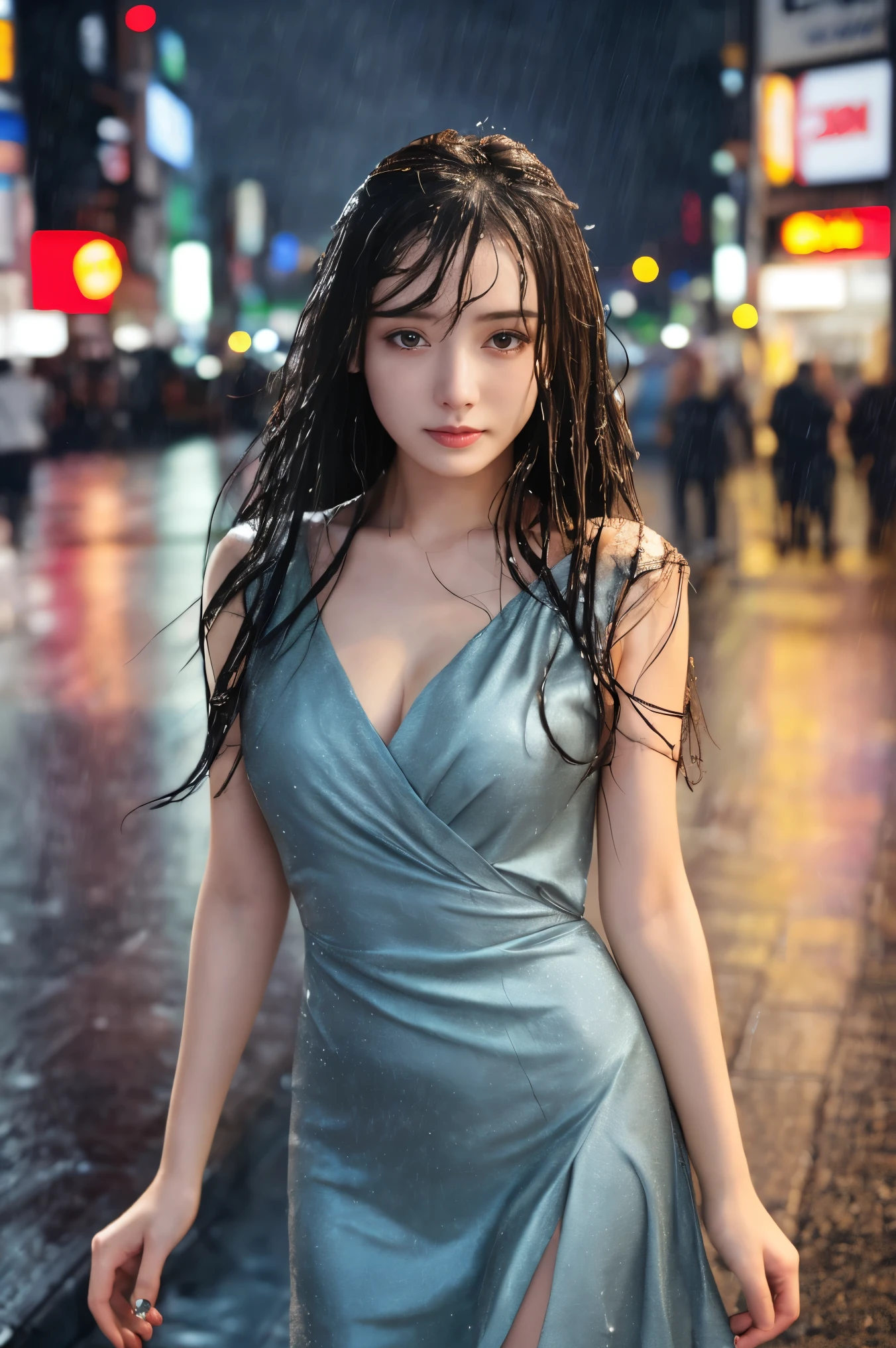 She walks along the sidewalks of a big city lined with buildings ,drenched, Dripping, Wet Face,Wet clothes, Wet Skin, Wet Hair,A young woman with a cute face like an idol,((Cleavage)),(((A dress that melts and disappears when it gets wet))),(((A melted and tattered dress))),((Full body portrait)),RAW Photos,Genuine,Genuine,High resolution,RAW Photos,masterpiece, beautiful