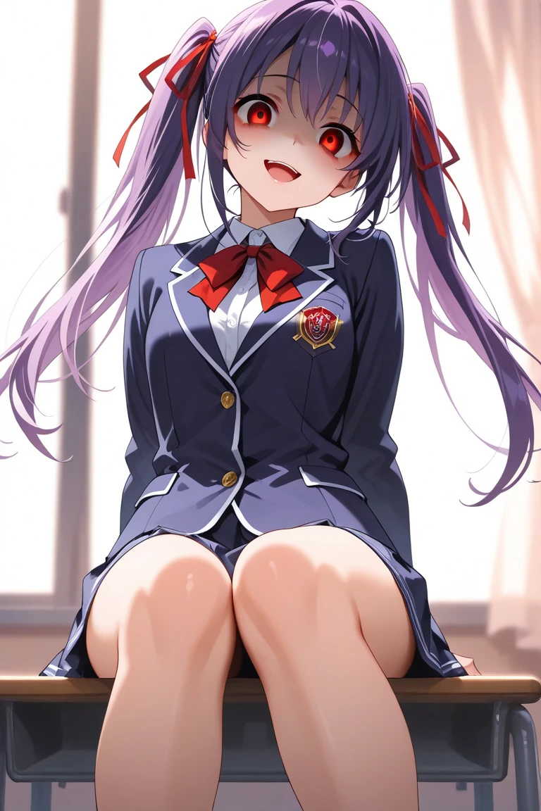 ultra-detailed,8K,illustration,CG,1 cute girl, purple hair,red eyes , twin tails,red ribbon,
,school uniform, jacket/blazer,Yandere face,sitting sideways,bound legs,1boy, footjob, stomach