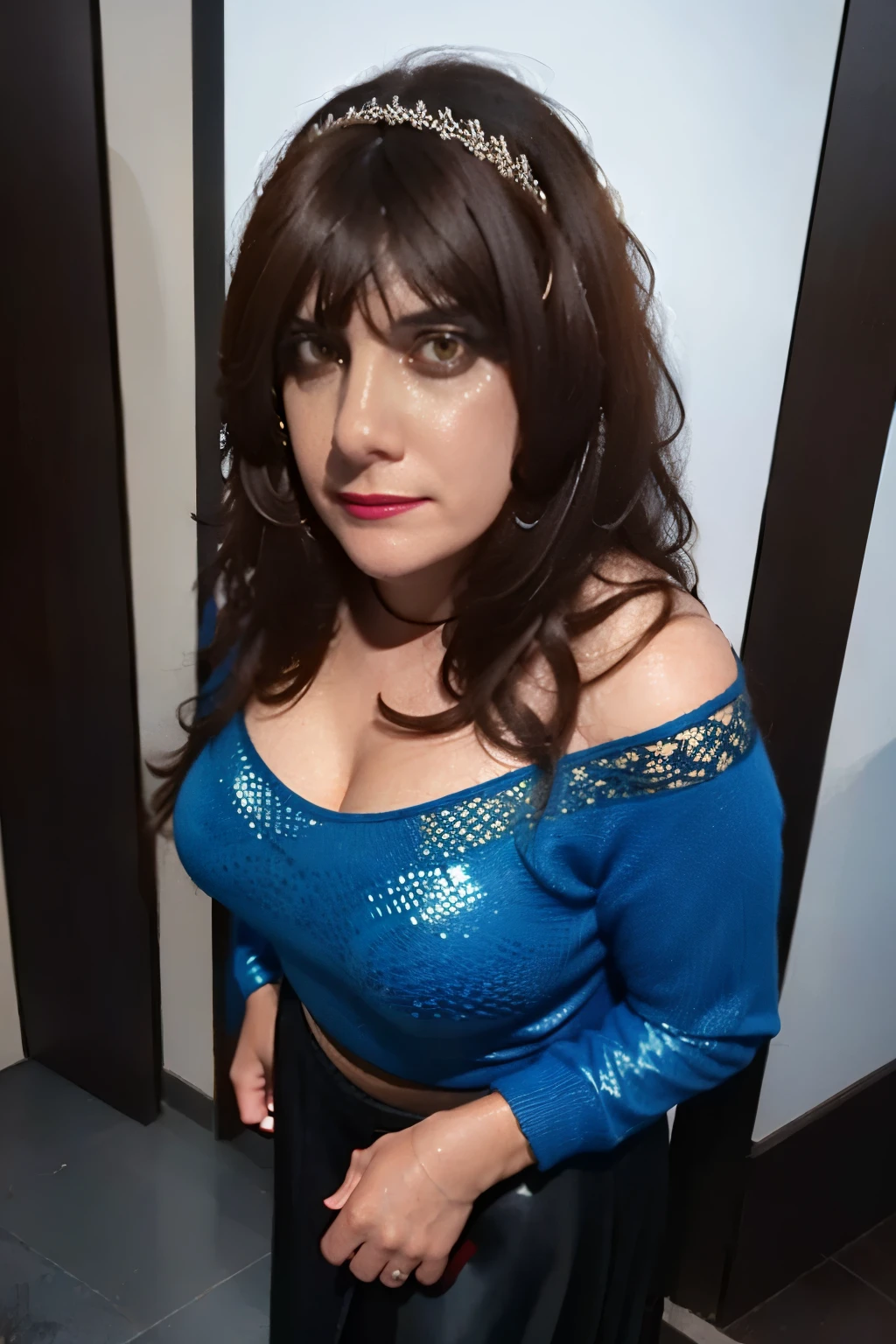 Woman 55 years old, standing, fully body, more feminine face, ,(tanned lines)), ((topless)), seducer, standing alone, sexly 30 anos de idade, American woman from Louisiana , big dark blue eyes, naturals, ((long brunette big updo hair with altolights, tendrils of hair))) , semi-hourglass body, toned calves and taltos, ,(( breasts big e flácidos, breasts big e caídos)), (((navy blue, Victorian long dress, frilled, lace, intricate, ballroom))), ((vagina, standing, cross legs, sexly, showing legs, with leather pants), ((high ponytail hair)), breasts big, (camera angle to capture in motion:1.1), . Highly detailed and sharp focus, (high-detailed face:1) (8K, ultra HD, dslr, high qualiy, cinematic lighting, bokeh), (dramatic, rewarded photography, incredible masterpiece:1.3),
