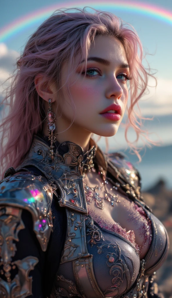 A detailed realistic L-SHOT of masterpiece), (extremely intricate), {perfect face} (realistic), portrait of Harley Quinn, the most beautiful in the world, (medieval armor), metal reflections, upper body, outdoors, intense sunlight, far away castle, professional photograph of a stunning woman detailed, sharp focus, dramatic, award winning, cinematic lighting, , volumetrics dtx, (film grain, blurry background, blurry foreground, bokeh, depth of field, sunrise, interaction, Perfect chainmail)