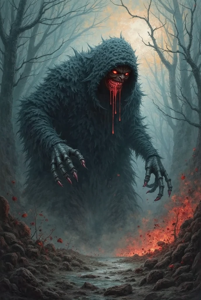 1girl, faceless, scattered eyeballs, sharp_teeth, bifurcated jaw, blood from mouth, long tongue, sharp claws, arthropod limbs, exposed bone, tentacles, blood stain, deformed, creature, monster, aliens, no humans, body horror, down jacket, solo, horror \(theme\), outdoors, night, snowing, snowfield, winter, The Thing,
