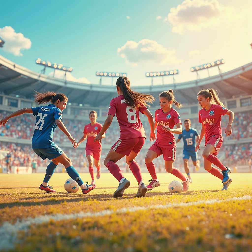 Generate this scene:
2 women handball teams are playing a match in an outdoor field in the morning and one member from the opponent team is throwing the ball at the goal, where the goalkeeper is defending it with gloves. Surrounding the opponent are 4 people from tje other team trying to snatch the ball from the opponent
Generate this from the perspective of the goaleeper