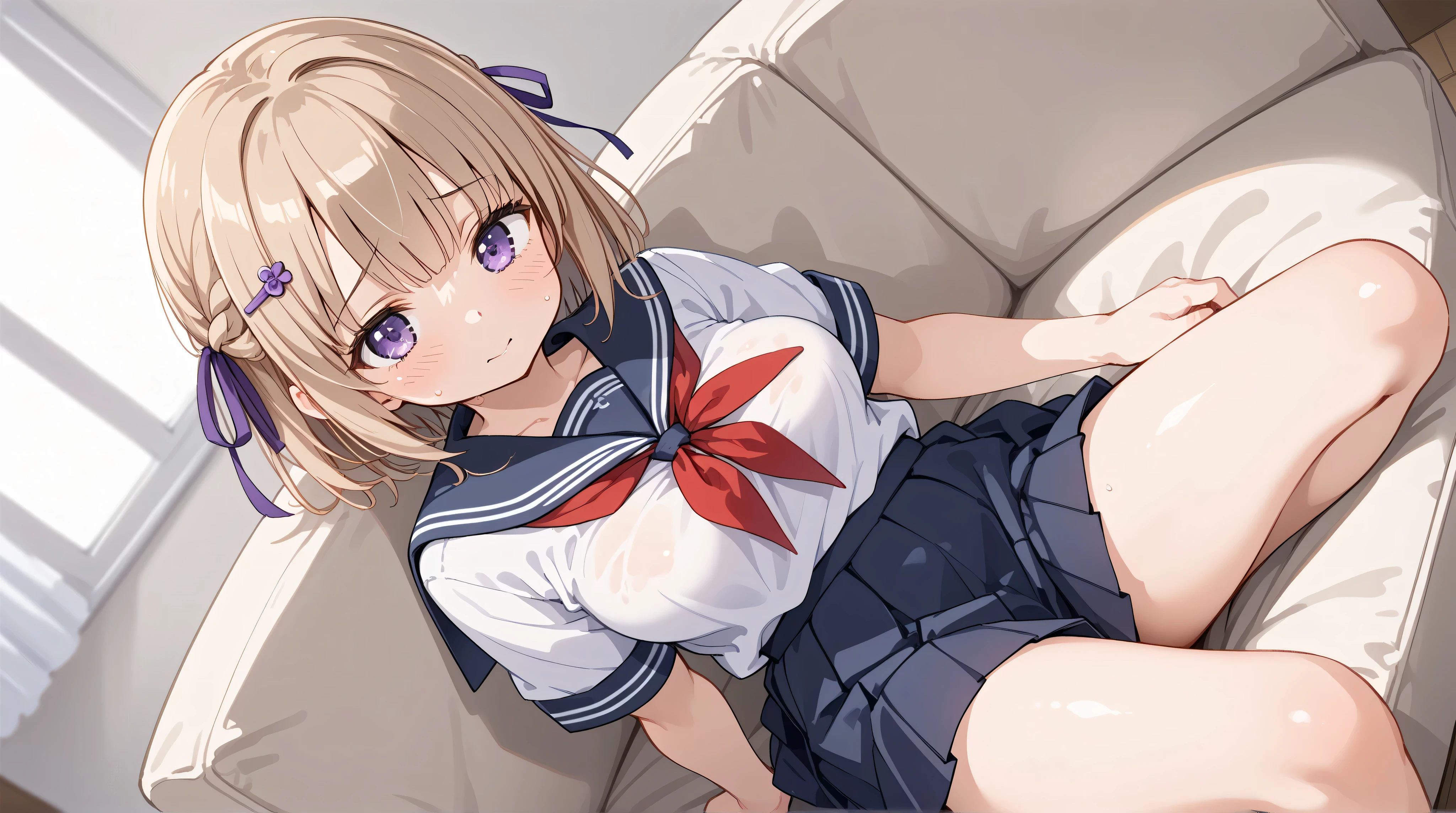 (NSFW:1.5), Uncensored, Best Quality, Ultra high definition, The highest resolution, Very detailed, Highly detailed face, From below, 1girl in, semi long hair, braid, One side up, hair clips, School uniform, Bangs, Neck ribbon, Puffy Short Sleeves, 鎖骨, medium breasts, (Sex with multiple men:1.3), cum shots, Spread legs, Lying down, Breasts out, Cute face, deadpan, Looking at Viewer, Outdoors, Crowd of boys, Boy filming with camera, Anime style, gym storeroom, wakame