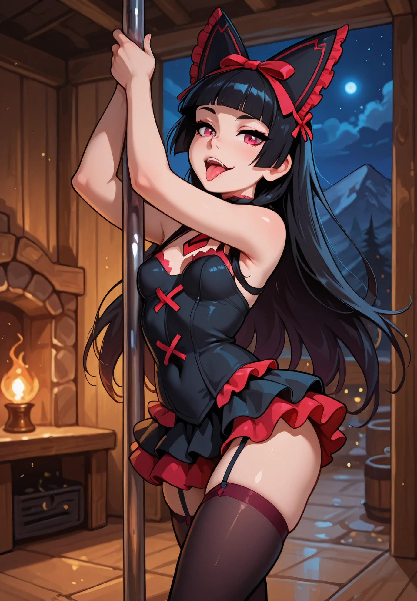 1girl,solo,Rory Mercury,Gate Jieitai Kanochi nite, Kaku Tatakaeri,skirt,stockings, tongue out,pole dancing,mountain cabin,night time,sexy pose,alluring atmosphere,cinematic lighting,masterpiece,top quality,warm color,high resolution,high fashion,absurdres extremely,vivid colors,intricate details,best quality,amazing quality,very aesthetic,newest,ultra-detailed,nsfw,