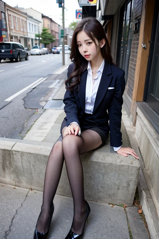 (8K), (highest quality: 1.2), (realistic), (realistic: 1.37), ultra high resolution, (1 girl), cute, smile, closed mouth, beautiful details, beautiful nose, wet hair, giant dulcefo, pork, thighs,self snap,University Student Uniform,A simple navy blue blazer,pleated skirt,(The skirt and tie are gray tartan check pattern....:1.3),(sitting:1), sit on the ground,(hug your feet:1),(pink pantyhose),from the front,knees