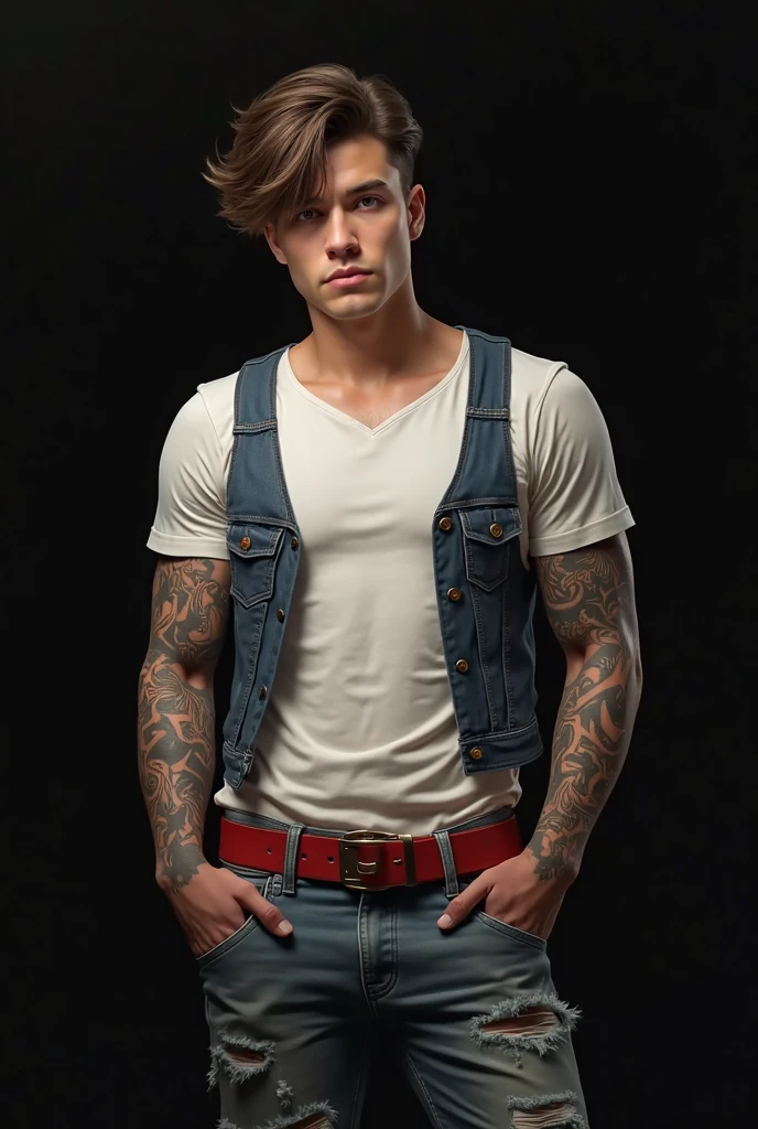 boy, 20 years, dressed in shirt and jean, tattooed, pose showing tattoos, horizontal
