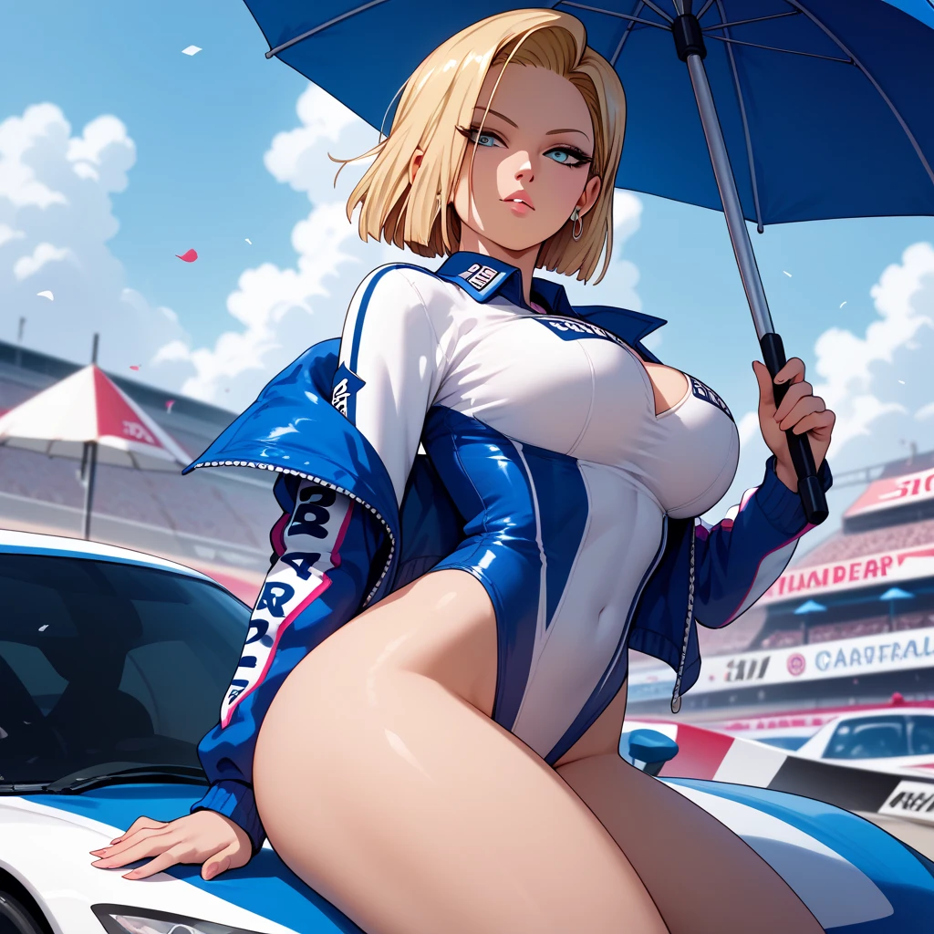 1girl, wide hips, large breasts, wide hips, blonde hair, short hair, very short hair, blue eyes, futuristic, machinery, science-fiction, tech, shoes, sneakers, neon trim, bikini, white bikini, white clothes, blue neon trim, full body, light smile, car, sports car, sport car, kneeling
