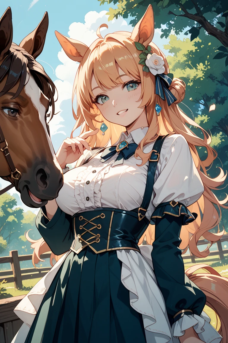 Photorealism, One Girl Riding Horse, Pretty Girl With Green Eyes, Terrible Curly, Naturally Curly, Golden Hair, Freckles, Housemaid Style, Smile