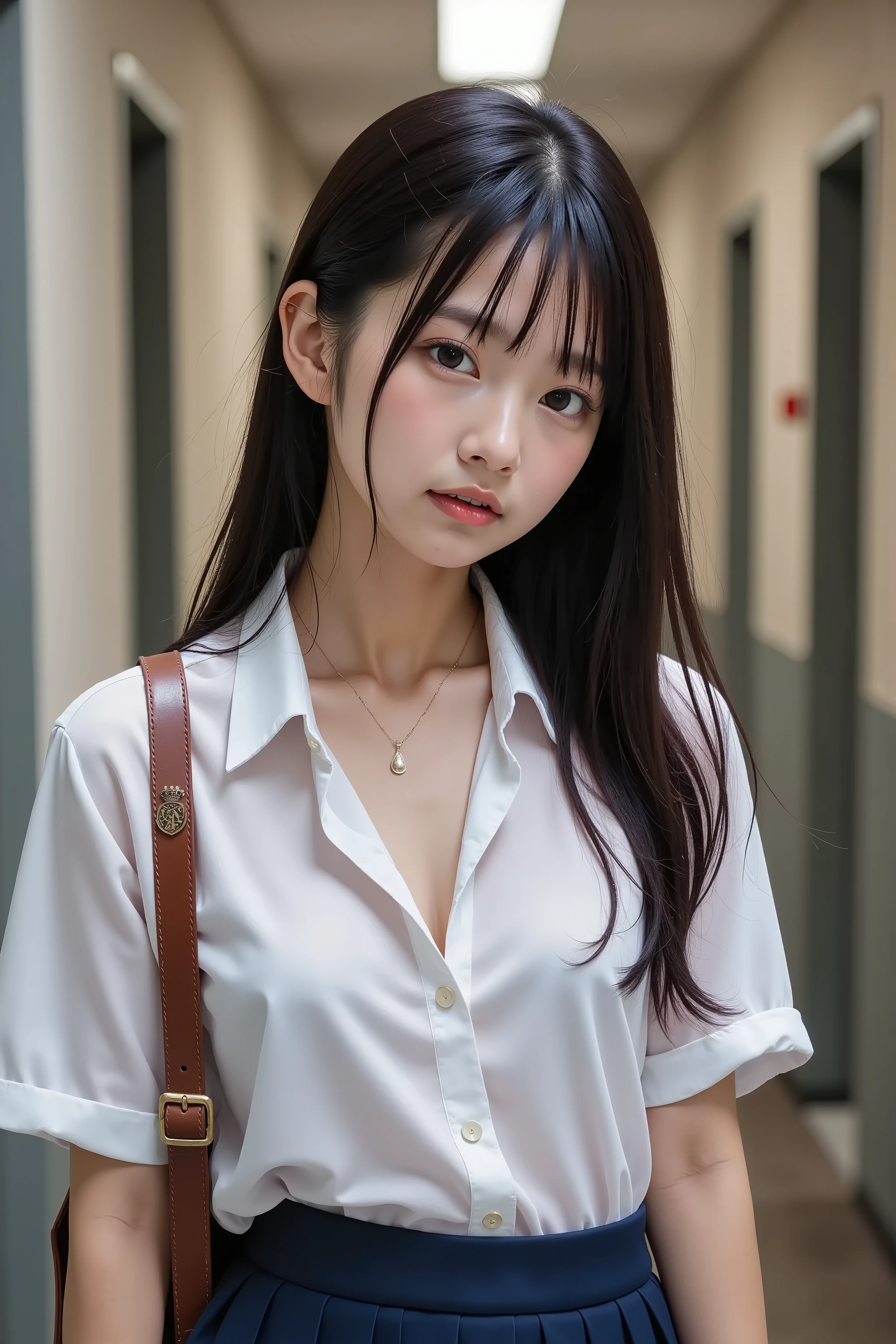 smooth white skin and ample chest highlighted、A photorealistic digital portrait of a slim young woman in a wet white cotton shirt, two small pearlescent buttons open at the top、deep V revealing damp skin、short sleeves rolled up to elbows, fitted shirt、slight wrinkles and seams visible, every single hair is fresh , wet hair falling over face and back、 have water drops on them, navy blue pleated skirt sitting at the waist、crisp pleats and subtle seams at the hem, A brown satchel with brass hardware slung over the right shoulder, A strap engraved with an intricate school crest pattern, Cold grey walls and 、A narrow hallway reveals a wooden door frame with peeling paint and rounded edges, droplets of water dotted on the floor and 、faint footprints trailing behind her, mid-way up from the waist:three vertical compositions at eye level, Her hands are raised, and her long, wet hair is pulled back in a loose ponytail、elbows turned out to hug face, relaxed shoulders and head tilted slightly forward、calm, confident gaze, Soft overhead fluorescent lighting gently illuminates her collarbone and sheer shirt, A warm edge glow from hidden side light, subtle palette of vibrant white, dark blue, Warm flesh tones are contrasted with dark brown leather tones, An iconic moment capturing the quiet realism and fragility of morning. subtle water droplets visible in the layers of hair and around the neck, A softly polished metal door handle reflecting on the left side.