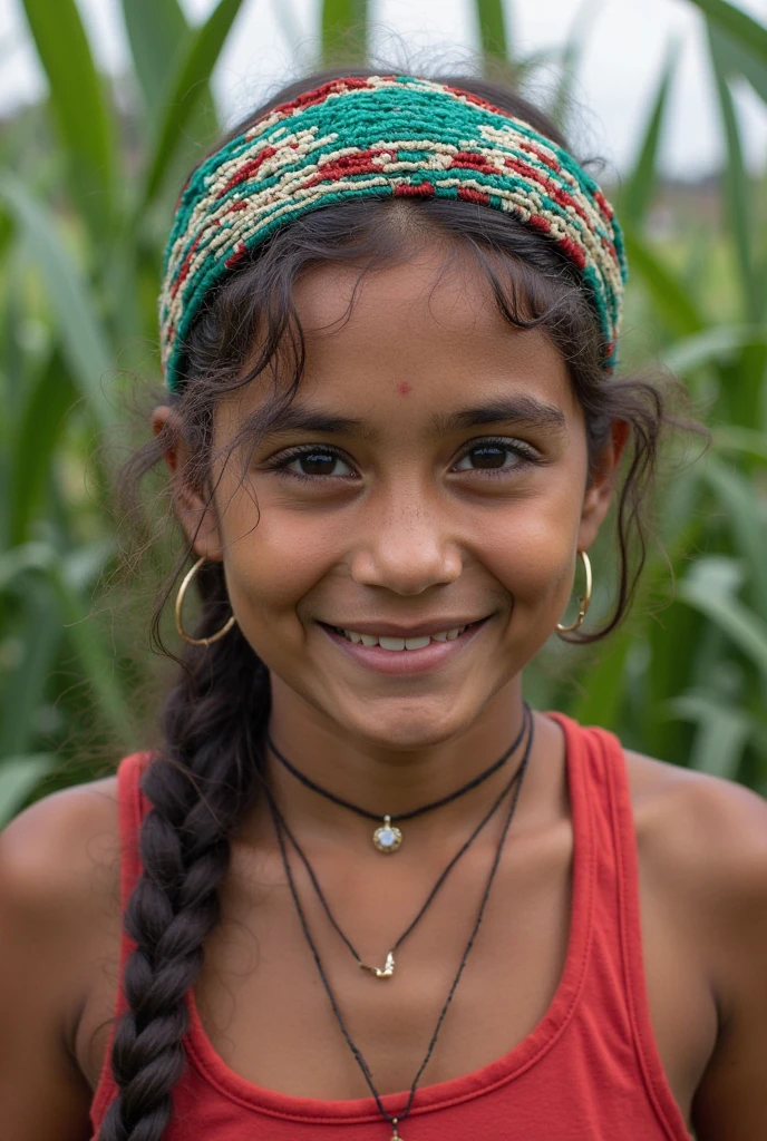 FACE OF AN 8-YEAR-OLD INDIGENOUS  WITH TRIBAL PAINTING LOOKING UP FROM BELOW THE WATERFALL OF THE WATERFALL, ROUPAS TIPICAS, COLARES COLORIDOS E UM COCAR DE PENAS