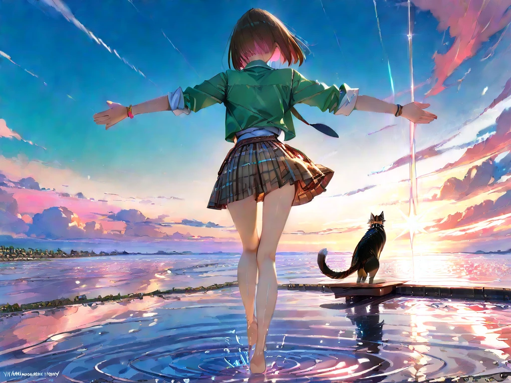 anime girl kicking a cat in the water with a mountain backdrop, anime style 4k yen, anime girl walking on water, anime cat, Makoto Shinkai Cyril Rolland, anime! 4k yen, anime! 4K, anime style. 8K, anime art wallpaper 4K, anime art wallpaper 4k yen, anime art wallpaper 8 k, 4K anime wallpaper