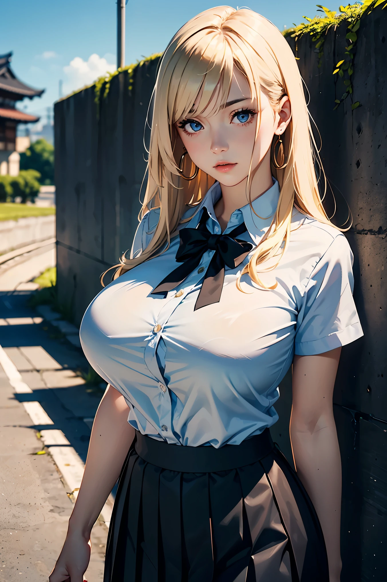 Girls(masterpiece:1.4)、(in 8K、realisitic、Raw photo、top-quality:1.4)、(Real Face:1.4)、(real looking skin:1.3)、超A high resolution、A hyper-realistic、Eyes in Beautiful Details、Blonde medium hair、Hats、off shoulders、no-bra、Short pleated skirt、high detailing、(huge-breasted:1.5)、cleavage of the breast、Blushing、Embarrassed look、gargantilha、natta、college