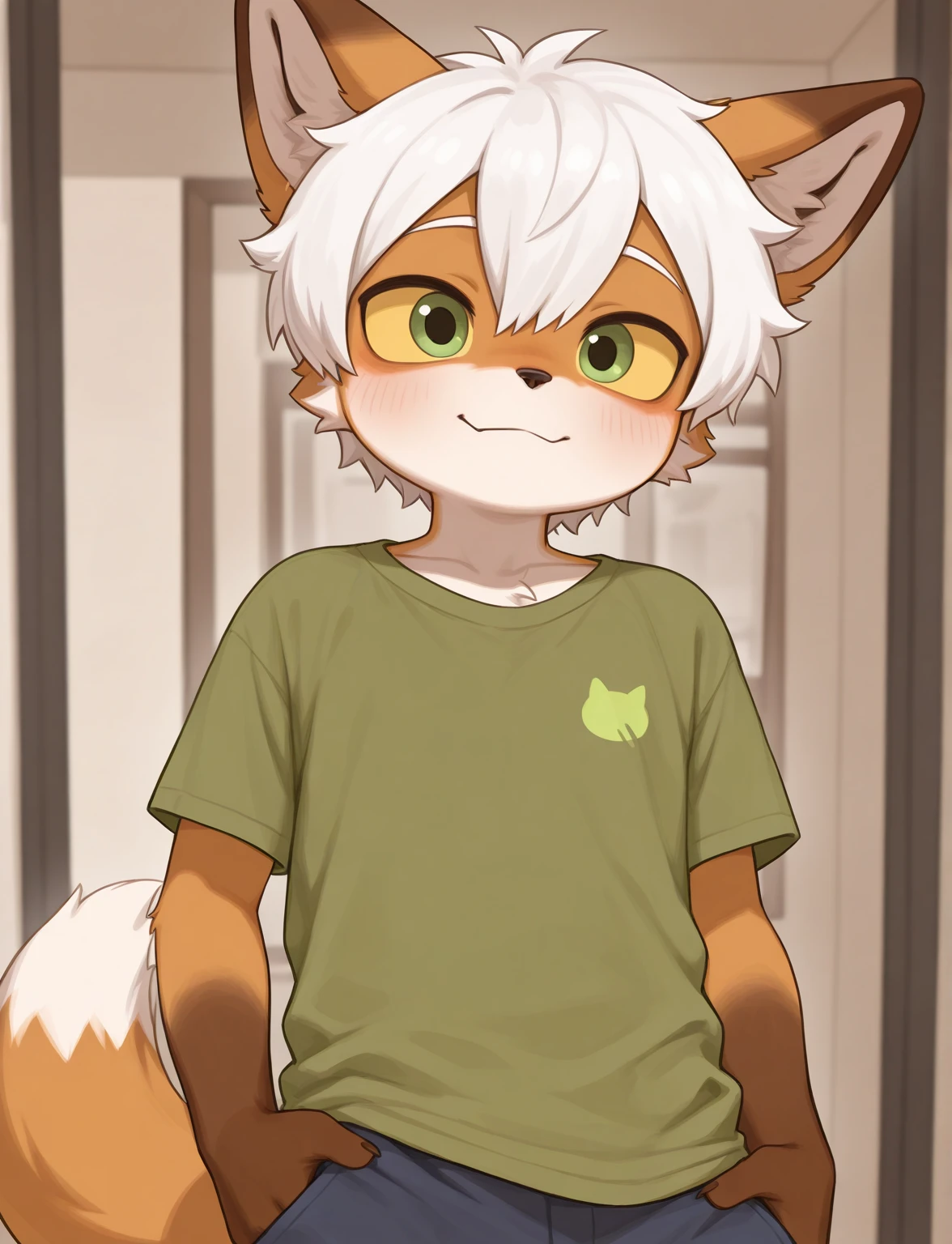male,(fox),Pure white hair,forest,Sunlight,perfect light,hairy,ear,short tail,Standing posture,Standing very close,young,a boy,Facing the camera,portrait,Plain clothes,front,