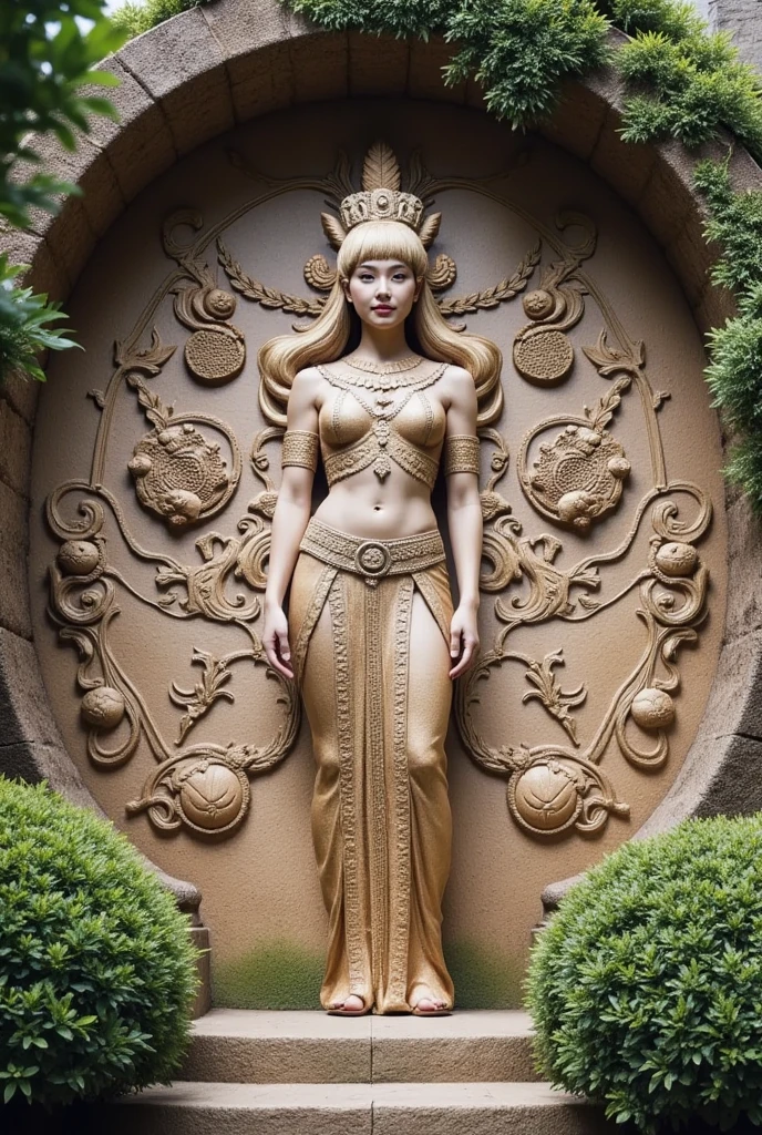 Monica Bellucci, beautiful, completely, large breasts, wide hips, long legs, sitting in a meditating position, eyes closed, completely Naked, smiling, front view, buddha statue in background, sculptures in background , realistic, shadelight, large breasts, wide hips, realistic, light effects, high resolution, by Louis royo, by Boris Vallejo, Frank frazetta --auto