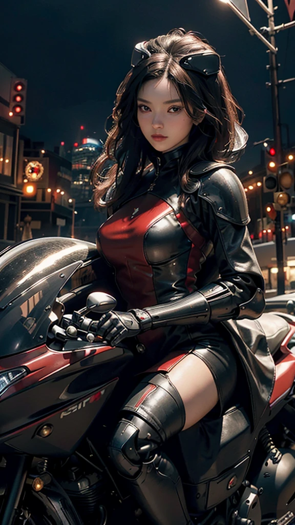((fisheye lens)), (1girl, solo, alone), a cyborg female warrior wearing a futuristic leotard, speeding a close-up superbike, in a GhostlyStyle cyberpunk city alley at dark night, darksynth aesthetic, red neons, atmospheric fog, large-breast:1.2 slim body, cleavage:1.1, (black sunglasses), (((((she raised a short-gun:1.8 and shot the viewer))))), dynamic pose, ((half-body thigh level medium shot)), cinematic lighting, lens flare, ray tracing.