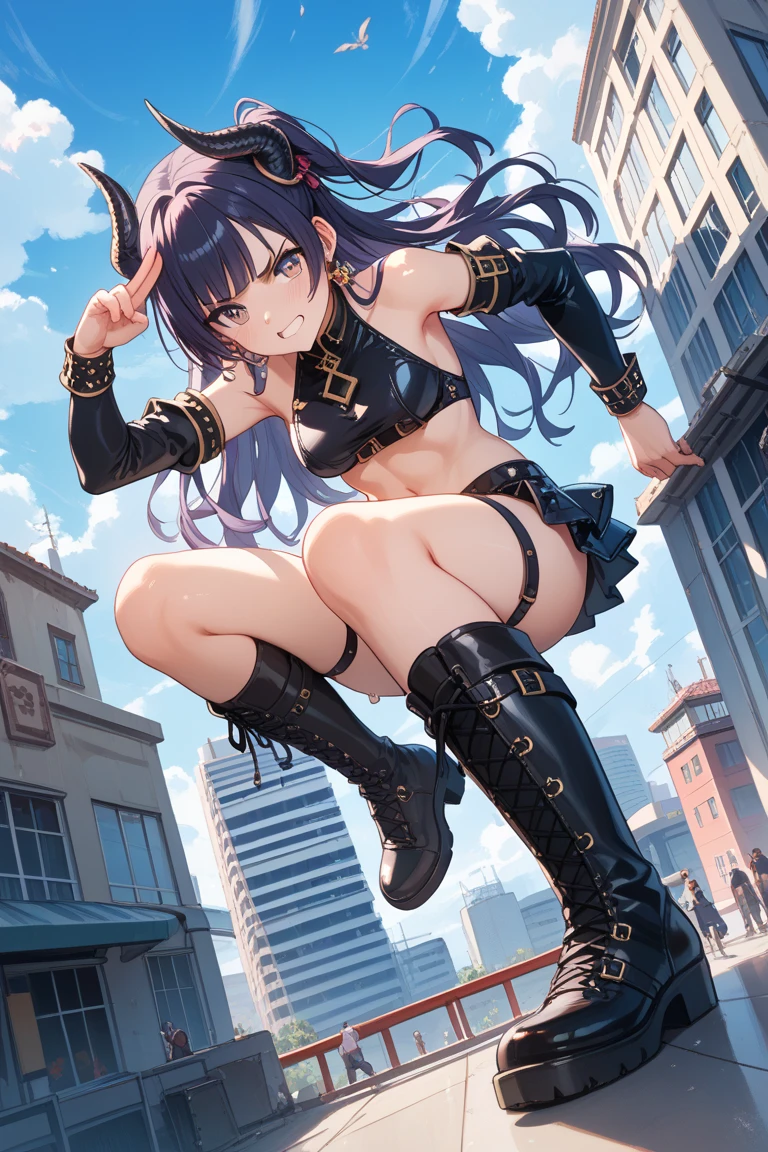A colossal giantess succubus walks into a tiny city, breaking the floor and everything with her heels, she looks down and mocks you as you see from below her tiny tits and long legs covered all in transparent pantyhose, look down, evil, better quality, close, photo under her, crushing