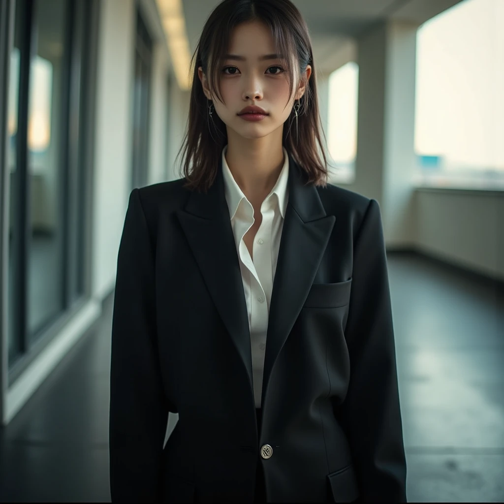 masterpiece、best qualtiy、(Dark photograph: 1.3)、Photorealsitic、1girl、Flat bangs、Stunning innocent symmetrical face、The shirt、emotional、Orchan、(PureErosFace_V1:0.7)、Uniform Blazer、
