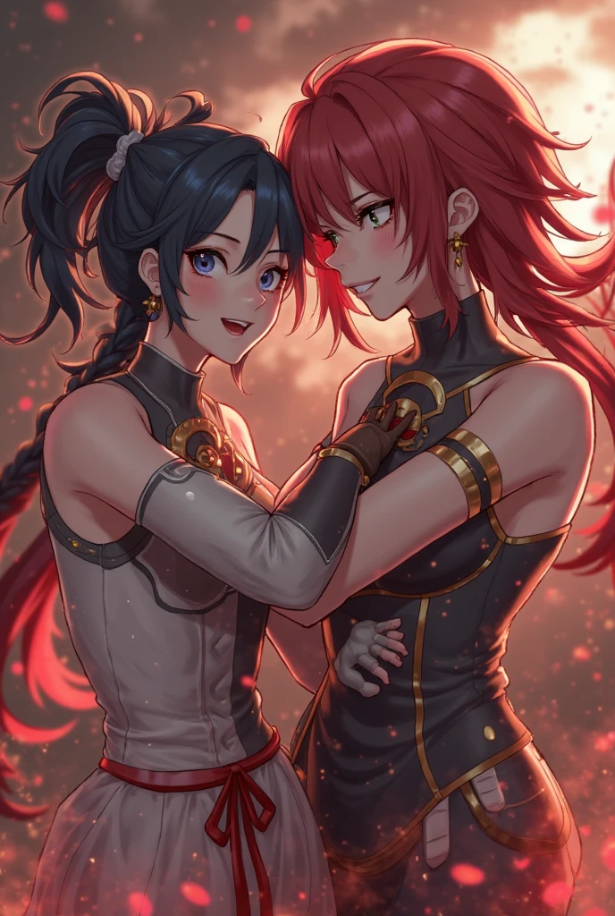 Knight de cabelo azul .holding princess in his arms, red haired princess with side braid, red-eyed , she with angry face