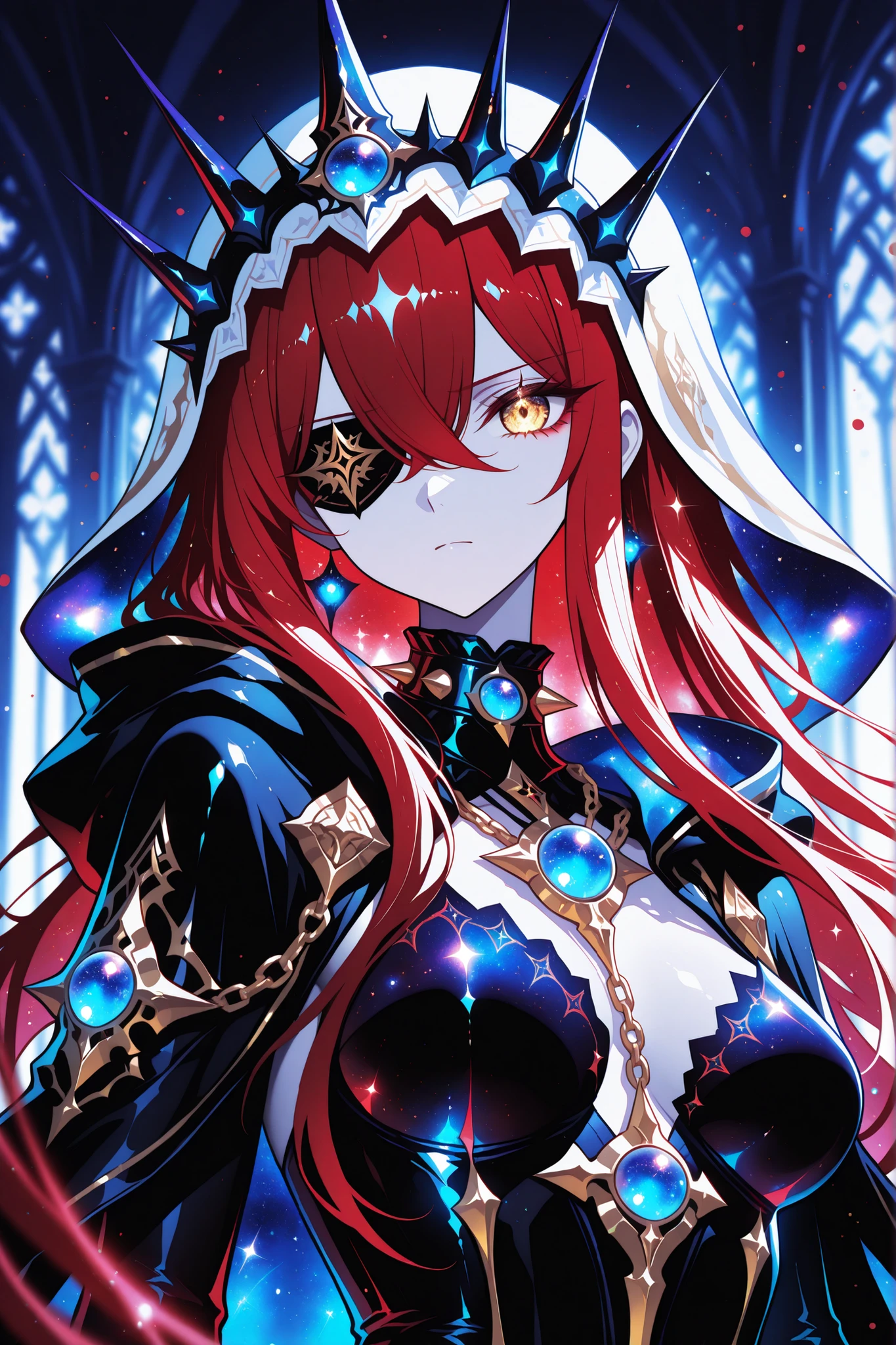 ,(EyesHD:1.2), masterpiece, best quality, ultra-detailed, very aesthetic, sharp focus, depth of field, vibrant colors, ray tracing, best lighting, detailed illustration, detailed background, cinematic, beautiful face, beautiful eyes, (anime coloring:1.5), 1 girl , golden eyes , very long hair , long sidelocks, red hair ,half updo, petite , very cute , beautiful ,Straight hair, cool, handsome, hair between eyes, sexy, large breasts , dark priestess, glowing eyes, eye patch, spiked choker, spiked bracelets, gothic fantasy outfit, tight black bodysuit, glossy fabric, glowing blue accents, chains, long flowing hair, hooded headdress, spiked crown, glowing gem necklace, ethereal atmosphere, sharp nails, serious expression, ominous lighting, blue color palette, dark fantasy, intimidating aura, detailed shading, backlight glow,dream galaxy, galaxy (theme), surreal, dreamcore, purple lineart, galaxy elements, kawaii style, aesthetic, soft colors, pastel colors, colored lineart, ((red tones: 1.2)), ((white tones: 1.2)), glitter effect, fantasy style