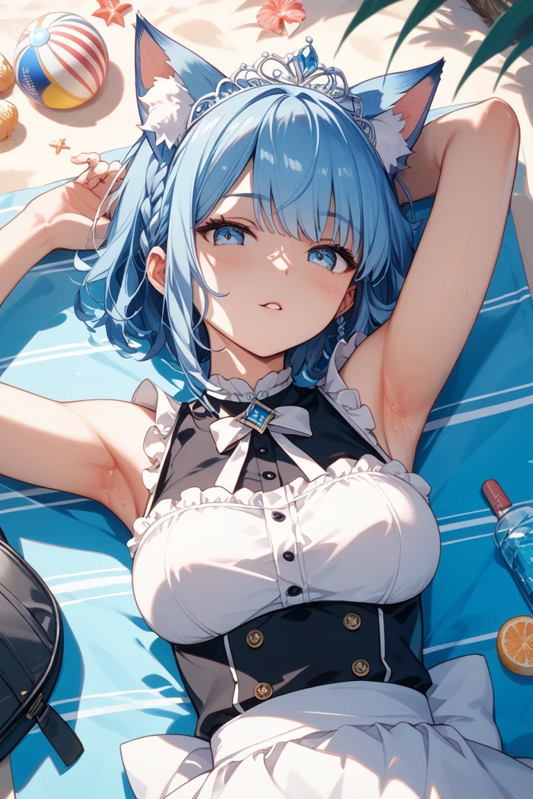 masterpiece, best quality;1.3), ultra detailed, ooking at viewer, rem_re_zero, Facial close-up,blue hair, short hair, maid uniform, hair ornament, cleavage, maid headdress, detached sleeves, masterpiece, top quality, best quality, 1 little girl, swimsuit party, in the water,fish,watermelon,cute style, perfect structure, summer theme，