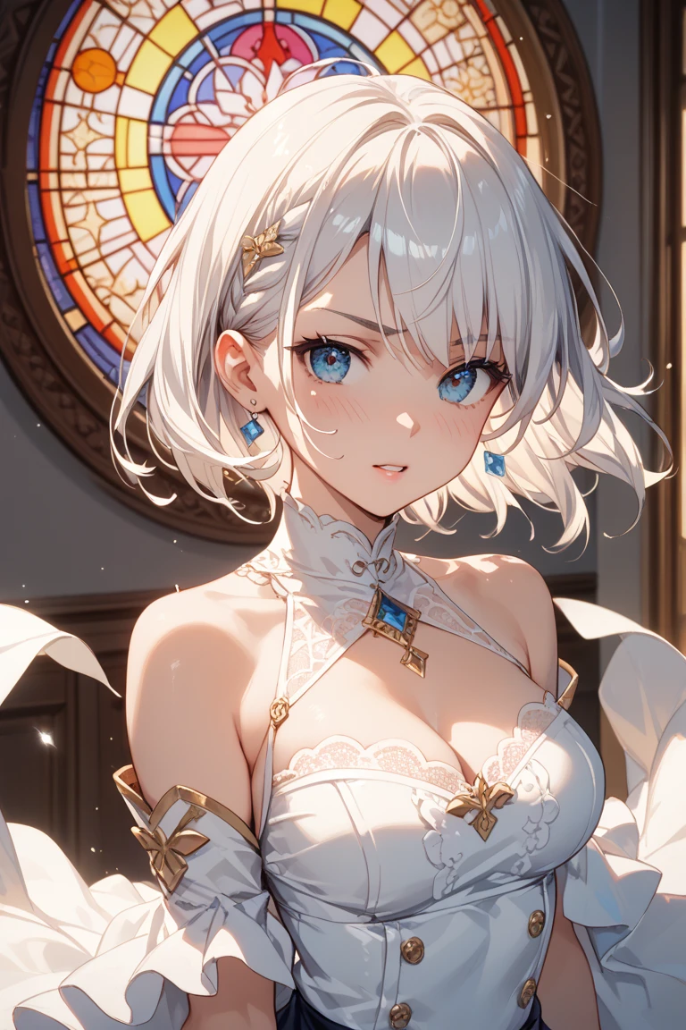 (masterpiece, top quality, super high quality), night, starry sky, great nature, one, elf girl, princess, (slender), (slender), (small), platinum blonde short hair, (heterochromia), beautiful detail eyes, pale orange, light purple, white, white strapless bra, smile that wants to protect