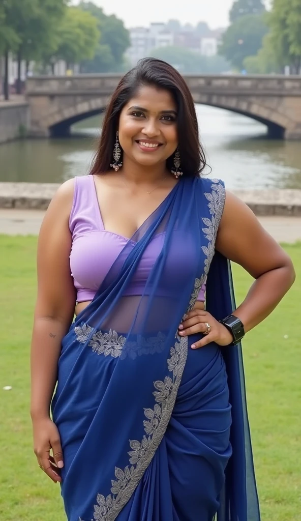 Day scene, A 25 year old beautiful South Indian plus sized woman , navy blue colour chiffon short skirt and bra wearing women in garden, full body image, photo taken from distance 
