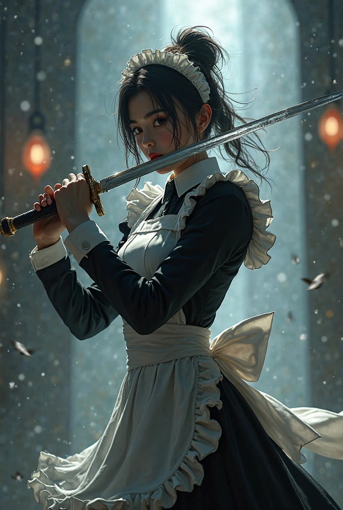 , a girl in her 20s wearing a maid suit with two blades in her hands. In the pose of being hit with blades.