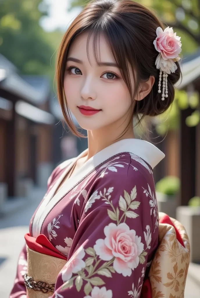 1 female, Very sexy woman, Great face and eyes, (Highly detailed eyes, Highly detailed face), (Flower pattern kimono:1.2), (Very beautiful kimono), (Cleavage:1.2), Looking for a Smile, (Highest quality:1.4), (Ultra Realistic, High resolution), RAW Photos, (Realistic, photo-Realistic:1.37), Professional photography, Cinematic Light, Old temple, cherry blossoms,