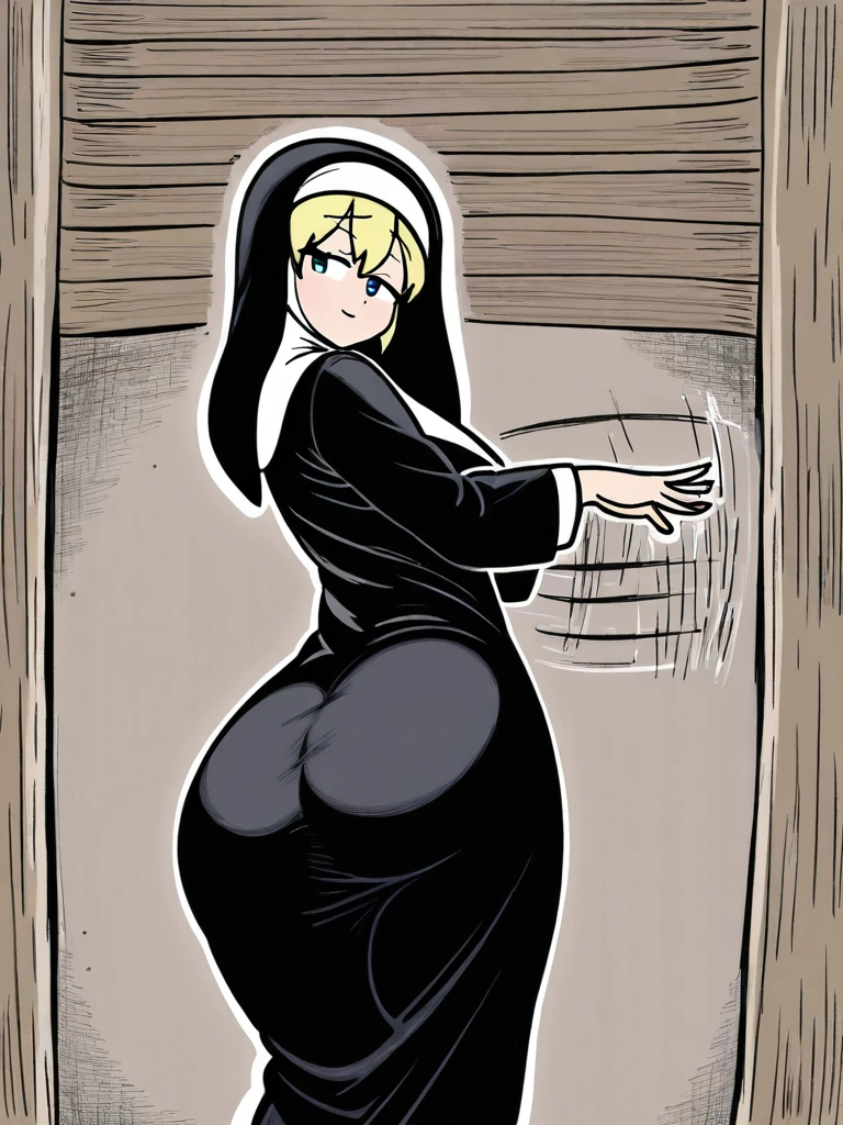 (cutesexyrobutts art style:0.7), score_9, score_8_up, score_7_up, score_6_up, erina nakiri, long hair, blonde hair, purple eyes, BREAK (masterpiece:1.2), best quality, high resolution, (beautiful detailed eyes:1.3), perfect lighting, (perfect hands, perfect anatomy), hearts, pleasured, medium breasts, sagging breasts, 1girl, nun, candle, habit, solo, gloves, tentacles, ass, looking back, from behind, white gloves, dress, holding, looking at viewer, belt, black dress, candlelight, long sleeves, blush,