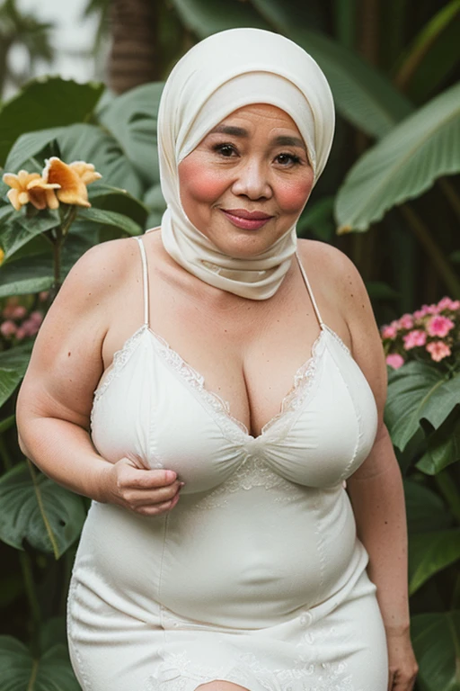((Realistic)) ((masterpiece)) (hijab) 62 Years old, (beautiful Pinay woman face) , (high class fat lady) (curvy sexy body shape) (gorgeus eyes), wearing lace bra, perfect, (natural saggy big breast : 96.9, ) (gorgeous eyes), Soft smile, golden necklace, Breast about to burst Out showing, professional photography with natural lighting