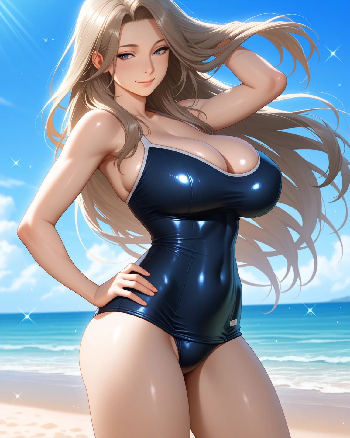 ((Best Quality)), (ultra-detailliert), ((Extremely detailed)), (Beautiful), ((Kawaii Girl)),  ((nffsw)), (masutepiece), (High quality), (Best Quality), (4K), (High quality), 1, Solo Girl, 1girl in, ((platinum-blonde-hair)), Parted bangs, ((Hair intake)), Long hair, (Her hair is long and up on both sides..), ((Jade-colored eyes)), slanted eye, Large breasts, Slender body, latex black competition swimsuit, Pool Background, (Blue sky:1.3), Solar, Sunlight, Anime, ;D