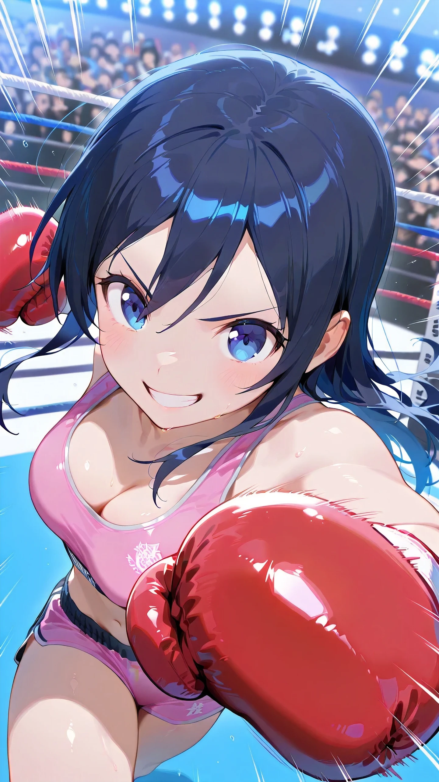 ayase aragaki, long hair, blue eyes, black hair, pink sports bra, pink sports very short spats, boxing gloves, bare thigh, cleavage, medium breast, Perfect body, detailed eyes, detailed face, serious grin, looking at viewer, upper body shot, from above,
p4nch, punching, clenched hand, motion lines, motion blur,
boxing ring, spectator seats, (depth of field).