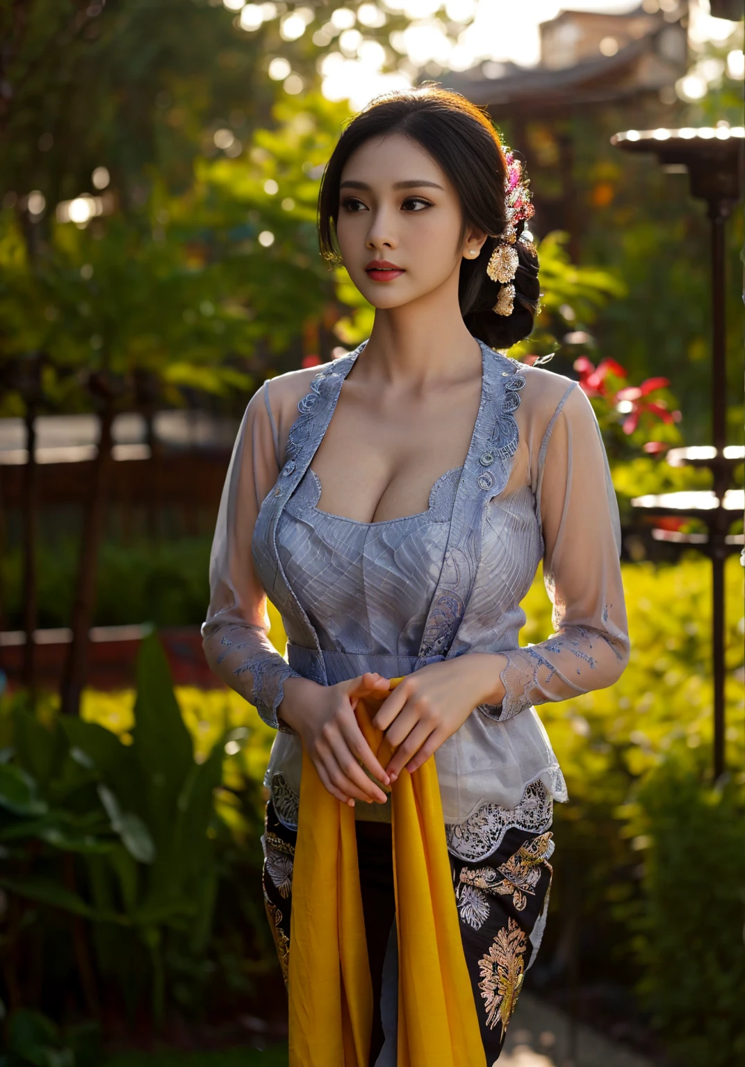 (realistic:1.3), Crazy details, quality, (Masterpiece:1.2), (photorealistic:1.2), (best quality), (Fine skin:1.3), (complicated details), Ray Tracing, ((full body)), ((woman 1 person)), (((1 person))), 30 years old, short hair, smile, purple dress, patterned skirt, Contrasting colors between dresses and skirts, skirt pattern, earring, necklace, Javanese jewelry, (blurred background), eye on camera, Breast cleavage, medium sized breast,