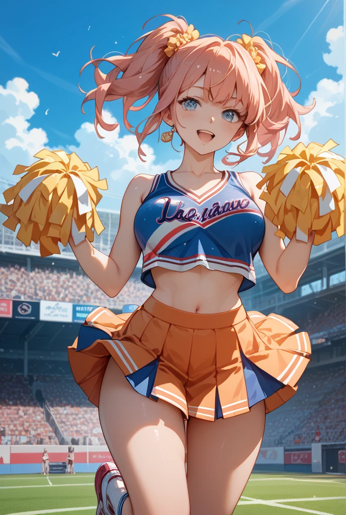 (masterpiece:1.2), best quality, high resolution, unity 8k wallpaper, (illustration:1.0), (beautiful detailed eyes:1.6), extremely detailed face, perfect lighting, extremely detailed CG, (perfect hands,perfect anatomy), (dynamic angle and pose:1.3), nice angle, (1girl, solo:1.5), BREAK
nakano nino, butterfly hair ornament,smile, v, beautiful blue eyes, looking at viewer, hair ribbon, large breasts, red hair, blunt bangs, black ribbon,short hair, thighs, two side up, dress, breasts, :d, cheerleader, cheering, pom_poms, holding_pom_poms, cheerleader_uniform, miniskirt, white thighhighs, pink sneakers, large breasts, bare shoulders, BREAK
seductive smile, evil smile, femdam, dancing, BREAK
stadium, outdoor, track and field,
