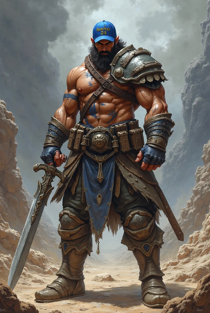 th3r0ck as Shao Kahn from Mortal Kombat, wears imposing battle armor adorned with skulls, spikes, and other intimidating details, armor dark in color, his helmet covers most of his face, with glowing eyes shining through the eye sockets, wields a large war hammer, intricate, high detail, sharp focus, dramatic, photorealistic painting art by greg rutkowski