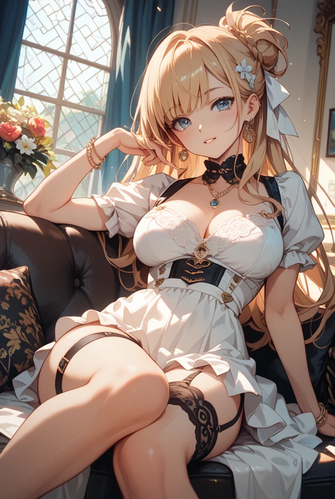highest quality、Ultra-high resolution、Anatomically correct human body、Perfect human body、Clear lines、Two Arms、Two legs、((Five Fingers))、Delicate fingers、Low angle shot:1.5、((Showing panties:1.5))、((Light blonde hair:1.4))、((White sexy silk panties))、((Her tiny thong panties are tucked between her legs))、((Panties close up:1.4))、((Very large firm breasts:1.6))、Twin tails up to the waist、Delicate hair type、fluffyの髪、Curly Hair、Silk maid outfit、Maid clothes with wide open chest、White silk knee socks、A cute and beautiful face down to the last detail、(PurerosFace_v1:0.008)、eyeliner、blush、Embarrassing、Glare、 Glossy lips: 1.4, impatience、Panty Appeal、Panties close up:1.3、blush、Open your knees、Spread your legs、Disheveled clothes、Bright green eyes、Cute ribbon、Shiny gold leather high heels、Stiletto heels、transparent、Glowing White Skin、Sweaty chest、Bell earrings、Shining bright colors、Clear contours、Floral Hair Accessories、Small white gloves made of thin silk、stylish、kind、soft、High-end furniture、stylishな編み込み髪、Scrunchies on the wrist、Ribbon with bell around neck、Big eyes、Silky smooth texture、Color unification、Luxurious canopy bed、garter belt、Droopy eyes、Light blush on the cheeks、Put one hand over your mouth、Midday sunlight filtering through lace curtains、Bright interior、happiness、はっきりとしたBig eyes、Bright expression、M-shaped foot、Arabic style columns、Tilt your head、Laugh gently、非常にDelicate fingers先、Detailed and vibrantly colored floral wallpaper、Tea set、A small gold watch on one wrist、The leather corsets、Eyes that shine like jewels、Symmetry in clothing and accessories、fluffy、Finest Silk、attractive appearance、Plaid、明るいピンクColor unification感、Emphasizing the depth of the human body、Sharp camera angles、See-through、フリルの付いたfluffyの可愛い白いエプロン、