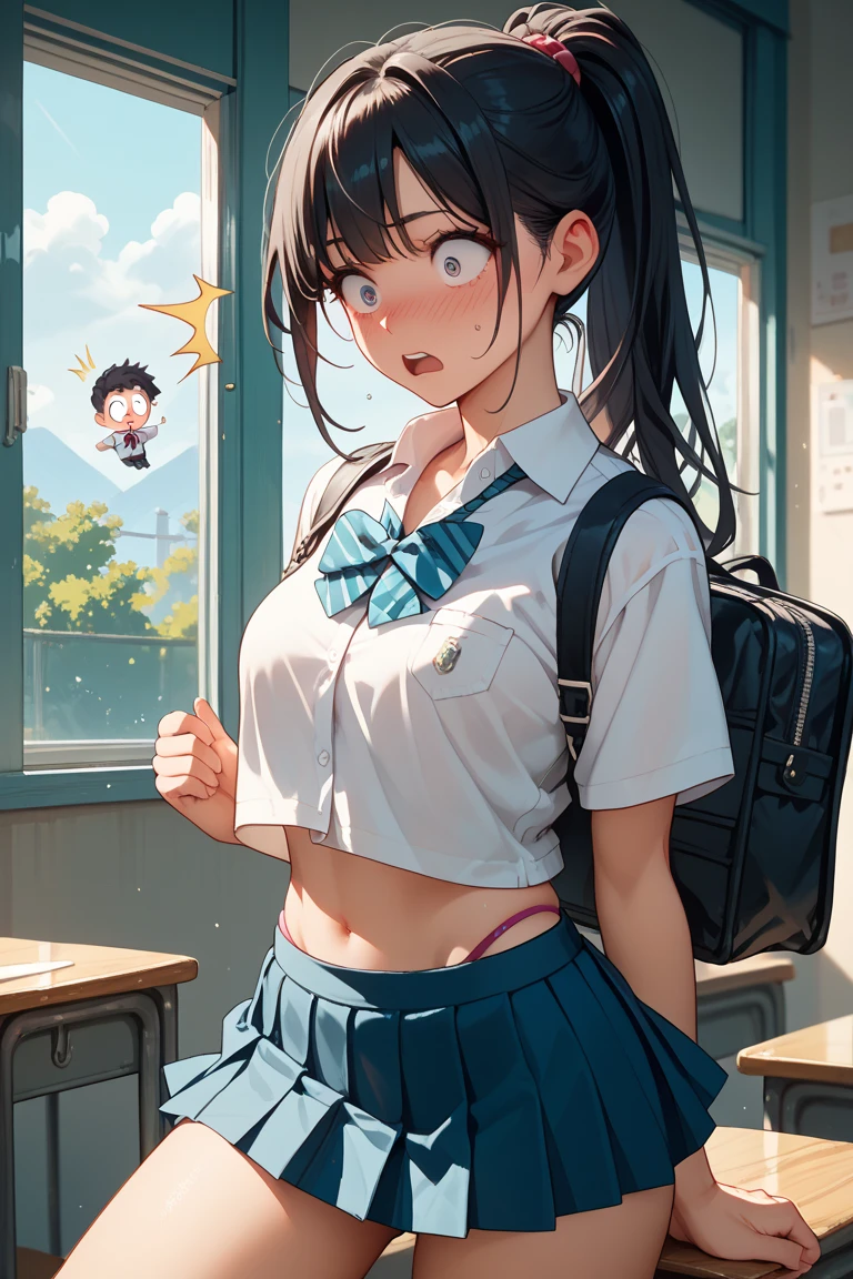 [1girl, gokou ruri, ore no imouto ga konna ni kawaii wake ga nai], (throw_hand, pink vibrator remote switch in throw_hand, throw:1.2), Highest quality, Super detailed, masterpiece, Ultra-high resolution, 8K, Ridiculous, Cowboy Shooting, Blurred, Focus on the girl, Embarrassing, blush, Lovely, Open your mouth, What saliva leaves behind, Wet skirt hem, (Sticky panties:1.1), Bulging of the vibrator cord, Vibrator with Garters, (cleavage), Classroom Background, The skirt is accidentally exposed,(large breasts), (crop top navel), (waist line), Accidentally exposed panties