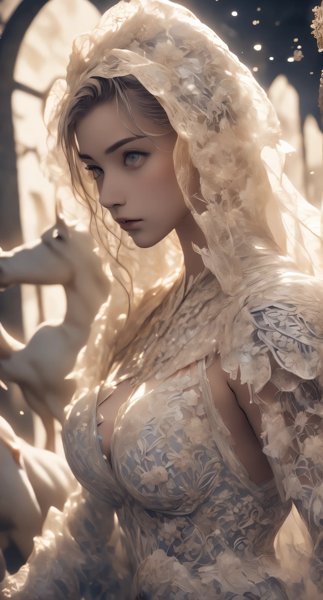 wearing a hijab and vail around , (plain red hijab), tmasterpiece,Best quality at best,A high resolution,8K,((half body Portrait)),),Original photo,real photograph,digital photography,(Female adventurers in the medieval fantasy style),(Medieval Valkyrie in fantasy style),18-year-old girl,(Hair gradients of blonde and red),blue短发,Red eyelue and long gradient short hair,blue),(super huge round perfect breasts),An extravagant ornament,cparted lips,Keep your mouth shuegant and charming,((Blushing)),haughty contempt,Calm and handsome,(Medieval fantasy combat suit,Joint Armor,Lightweight golden protection,The Beautiful Magic Badge,Medieval armor combined with leather and silver,A delicate pattern,Cloak),(Woman warrior),Photo pose,medieval characters,medieval fantasy , castle background, oc render reflection texture, sexy style, golden sexy breast bra armor , angelic silver tiara, pointy breast, huge perfect breast, red lips,