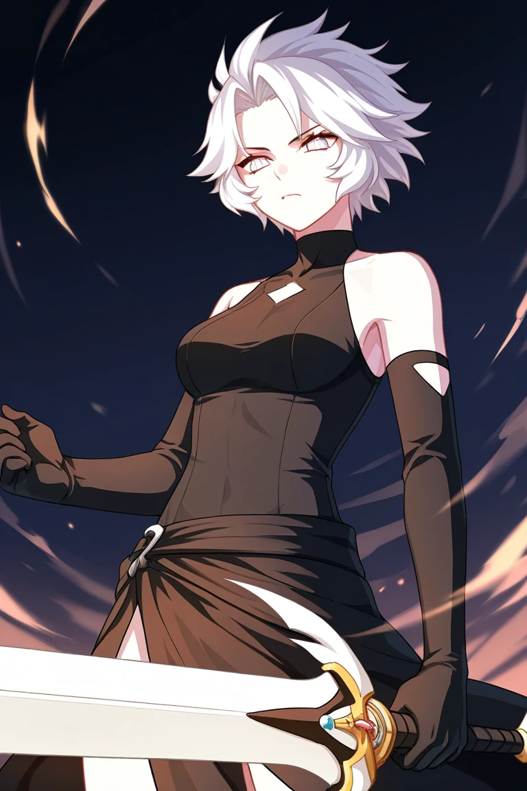 (original character with design composite of Fubuki Kafka Xueyi Sakura-Chan and Puuna with twintails hair), ((large breasts)), huge breasts, ((bare forehead)), (bangs), (side bangs), detached sleeves, casual dress, (white hair), white and red hair, 1girl, solo, upper body, facing viewer, looking at viewer, smile, pleasant smile, see-through,